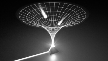 Grafische Darstellung eines Raum-Zeit-Trichters als Modell der Gravitationswirkung nach der Allgemeinen Relativitätstheorie.